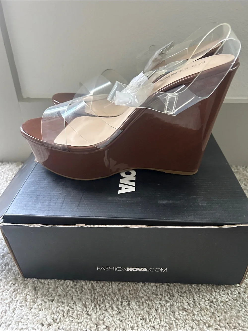 Fashion Nova Clear Strap Platform Sandals in Brown